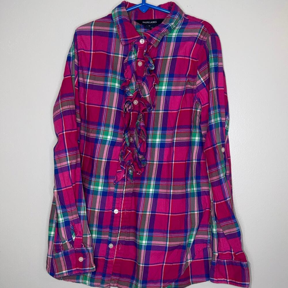 Ralph Lauren Girl's Pink & Green Plaid Cotton Ruffle Shirt Size 12 Long Sleeve